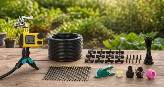 All-in-one garden drip irrigation kit displayed on a wooden table in a sunny garden, including a yellow programmable timer, coiled black tubing, drip emitters, connectors, hose fittings and clips, with a blurred vegetable garden in the background.