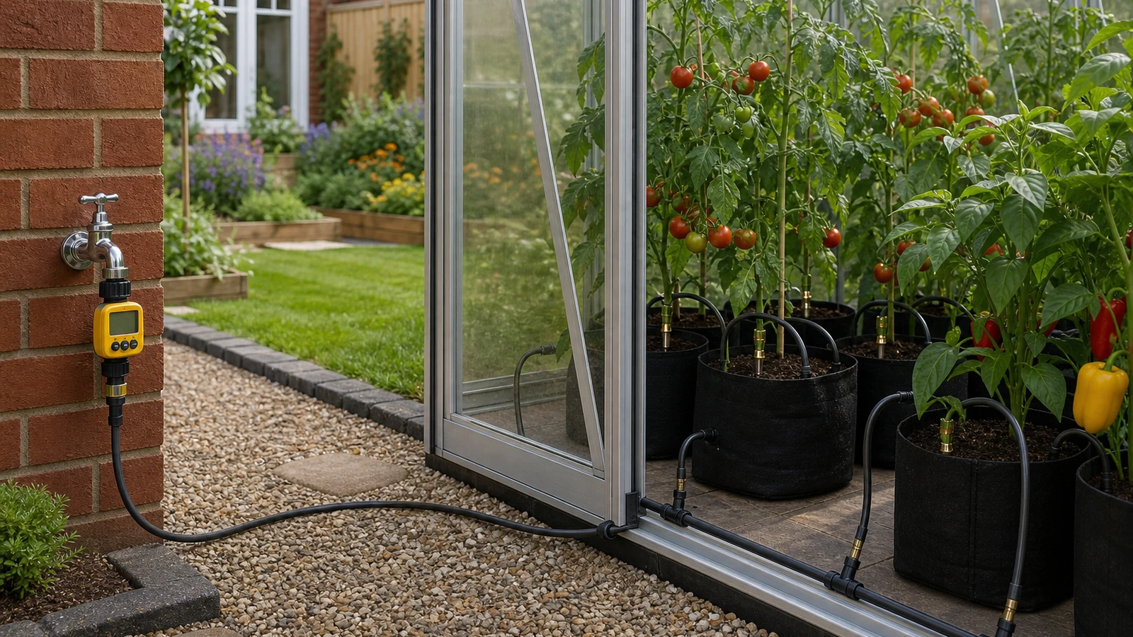 If your greenhouse has a garden tap: a mains drip line for grow bags and pots (and when to skip the £300 solar kit)