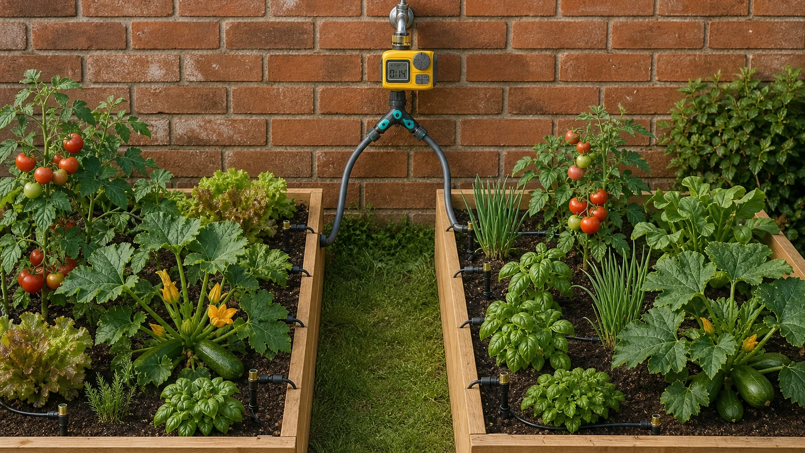 One tap, two raised beds: split a 30 m ½-inch line — ten twist-cap emitters per bed